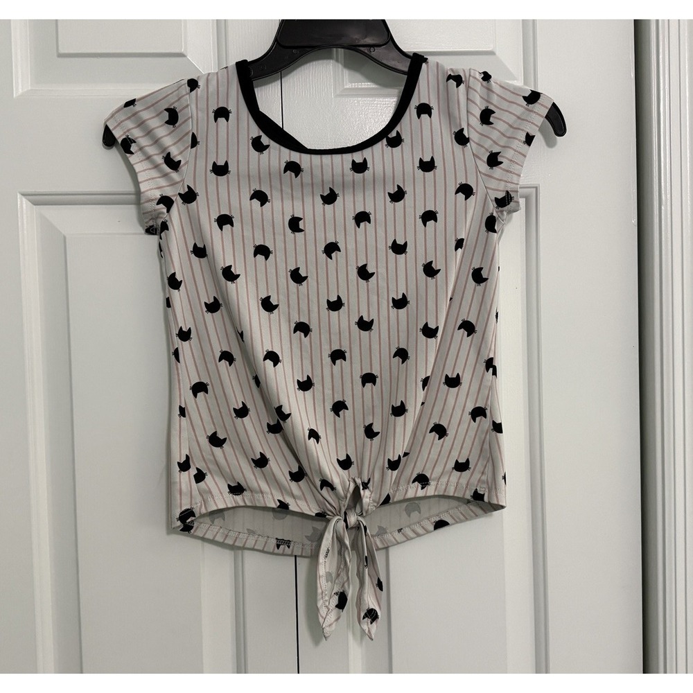 Lily Bleu Girl's Sz L 14 Cat Front Tie Pink Blk White Short Sleeve Shirt